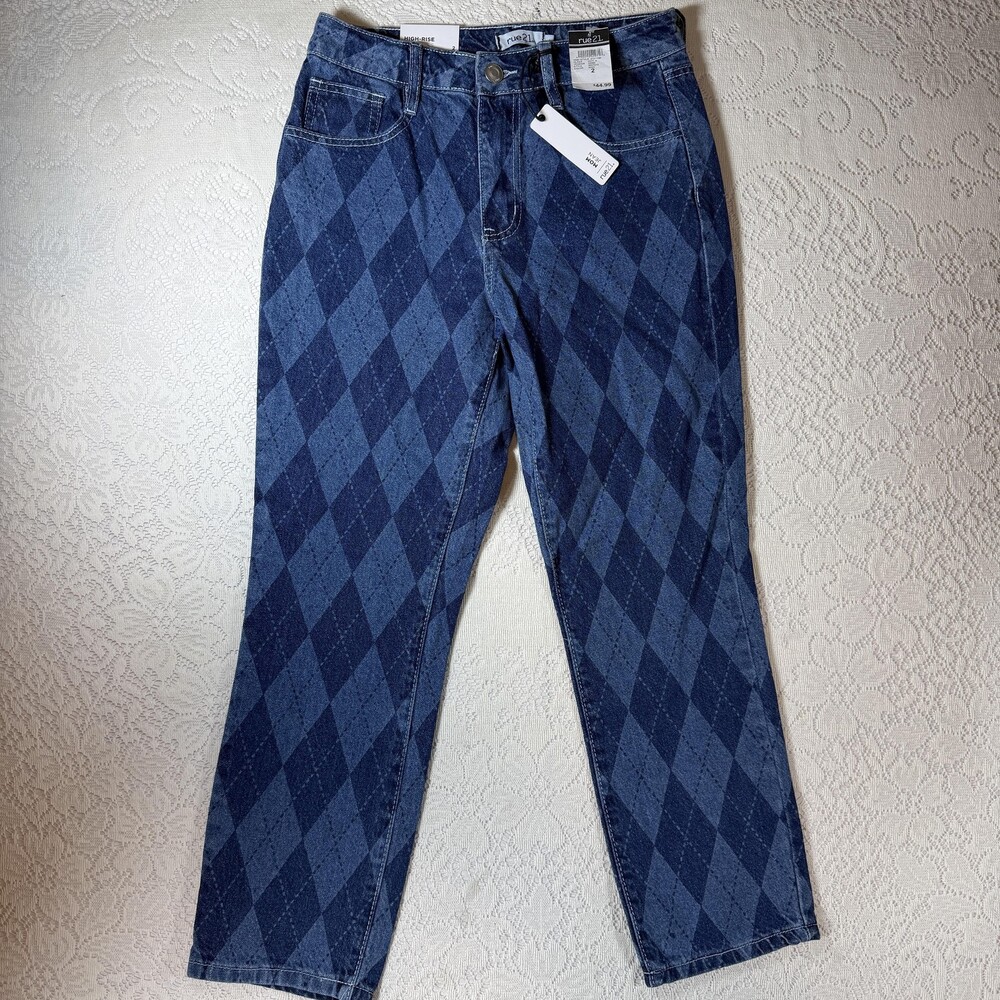 Rue21 Jeans Womens 2 Blue High Rise Mom Argyle Diamond Print Denim Medium Wash